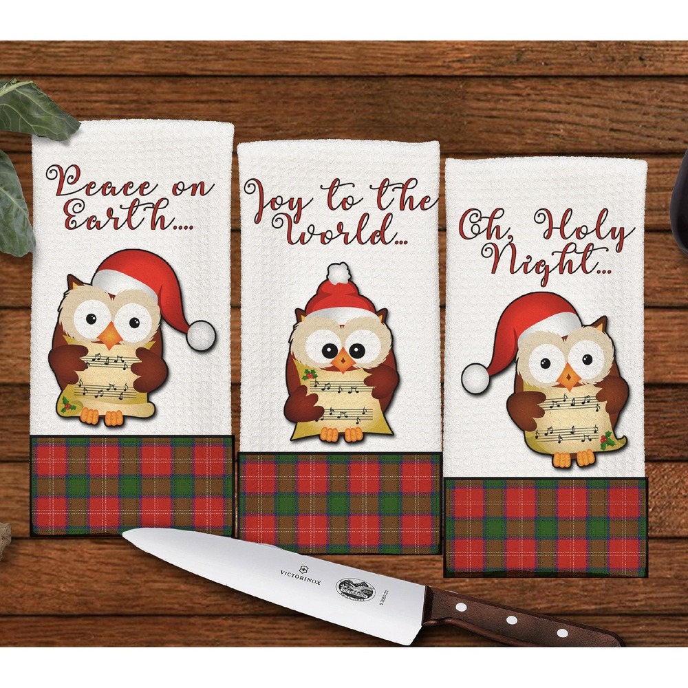 Singing‎ Owls Christmas Kitchen Towels, Set of 3, set #1,